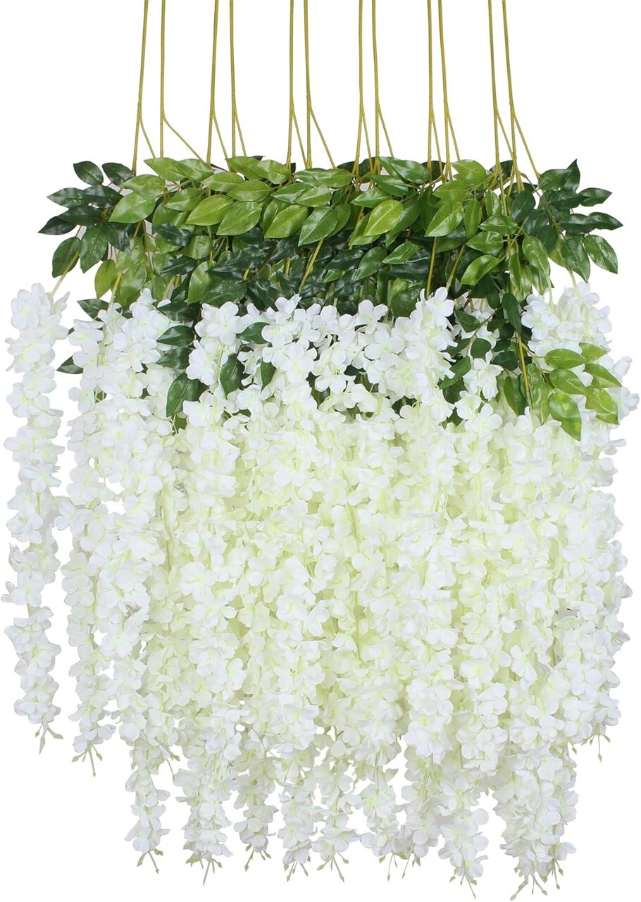 12 Piece Artificial Silk Wisteria Vine Flower Garland (White)